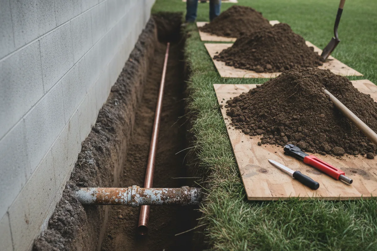 Excavated water line trench during Water Softener Installation in Bridgeport